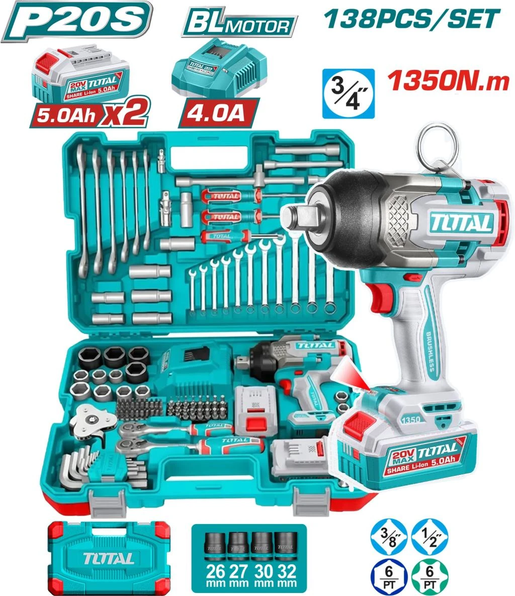 Kit Llave Impacto 20v 1350nm + Herramientas 138 Piezas Total