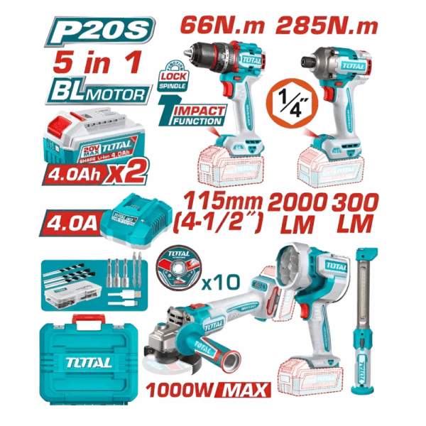 Kit Taladro Percutor, Atornillador de Impacto, Esmeril, Lámpara, Linterna Total 20v