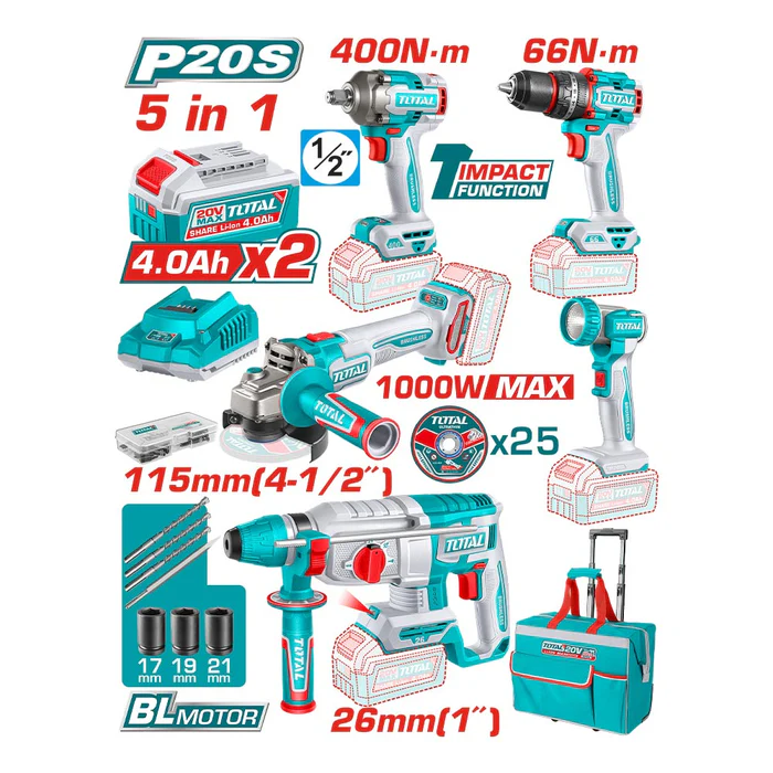 Kit Taladro + Llave de Impacto + Esmeril + Rotomartillo + Lampara