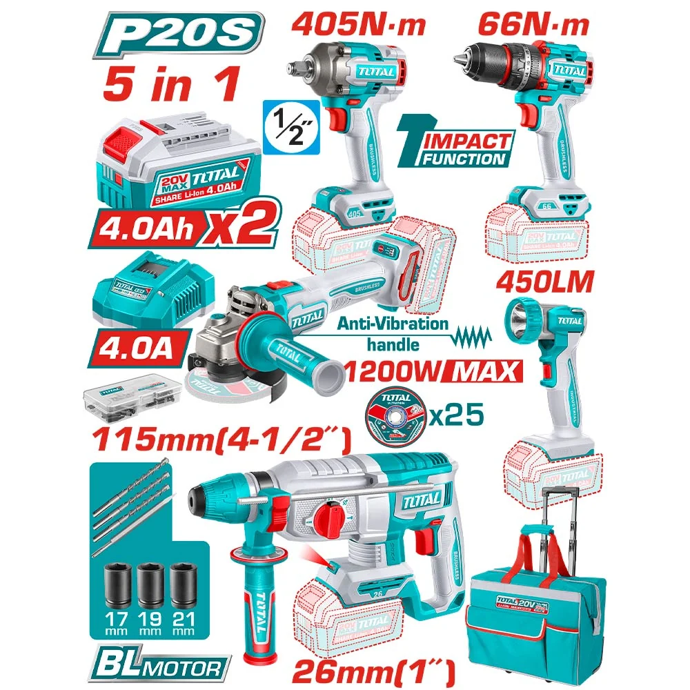 Kit 5 Herramientas Inalámbricas 20V + Accesorios Total