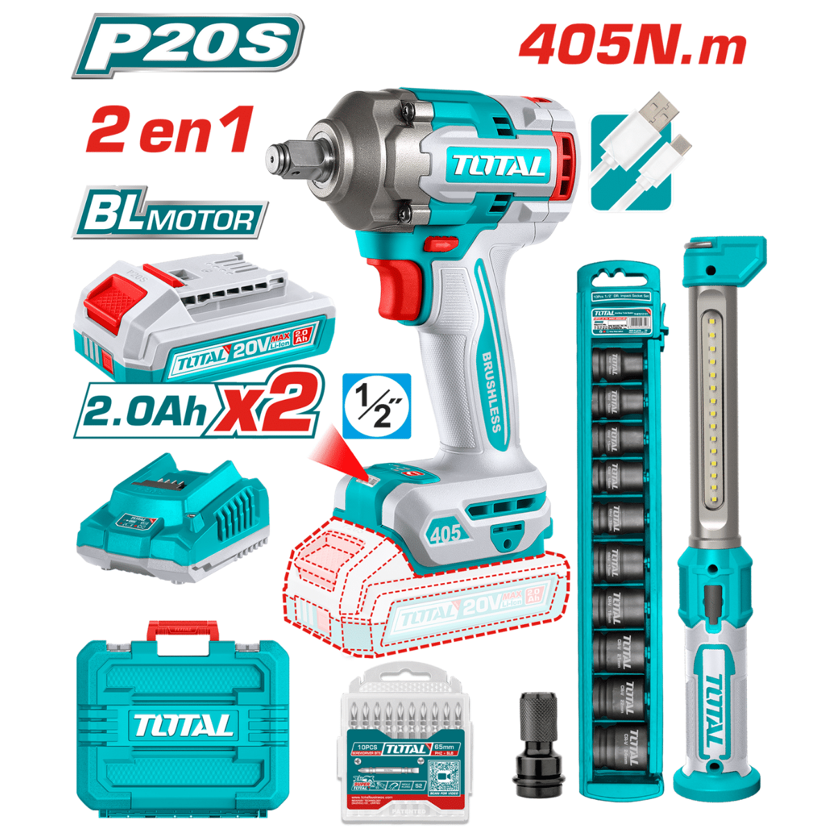 Llave Impacto 405Nm 20v 1/2» + Linterna+ 2 Baterías + Dados