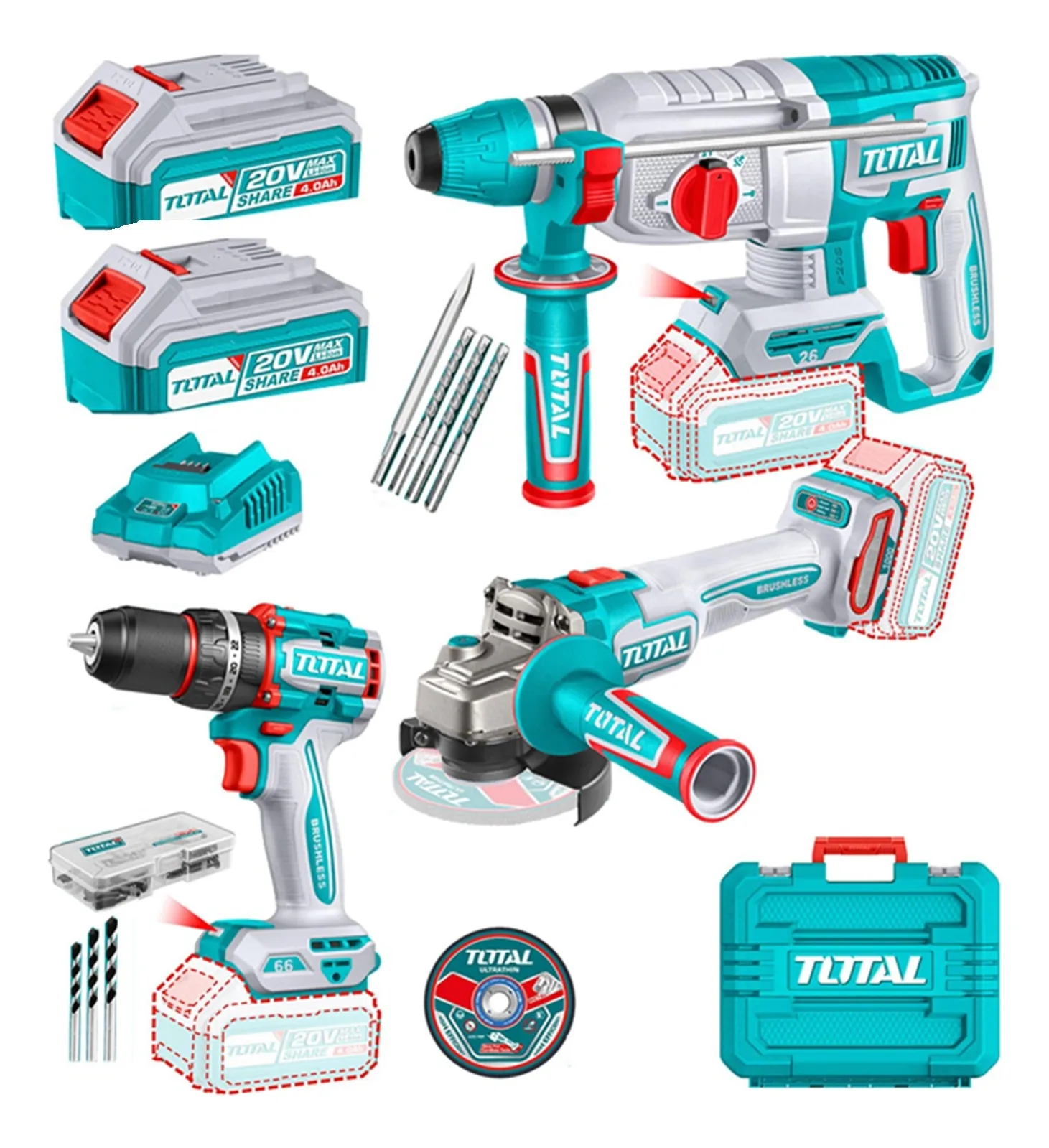 Kit Taladro + Esmeril + Rotomartillo 20v Total