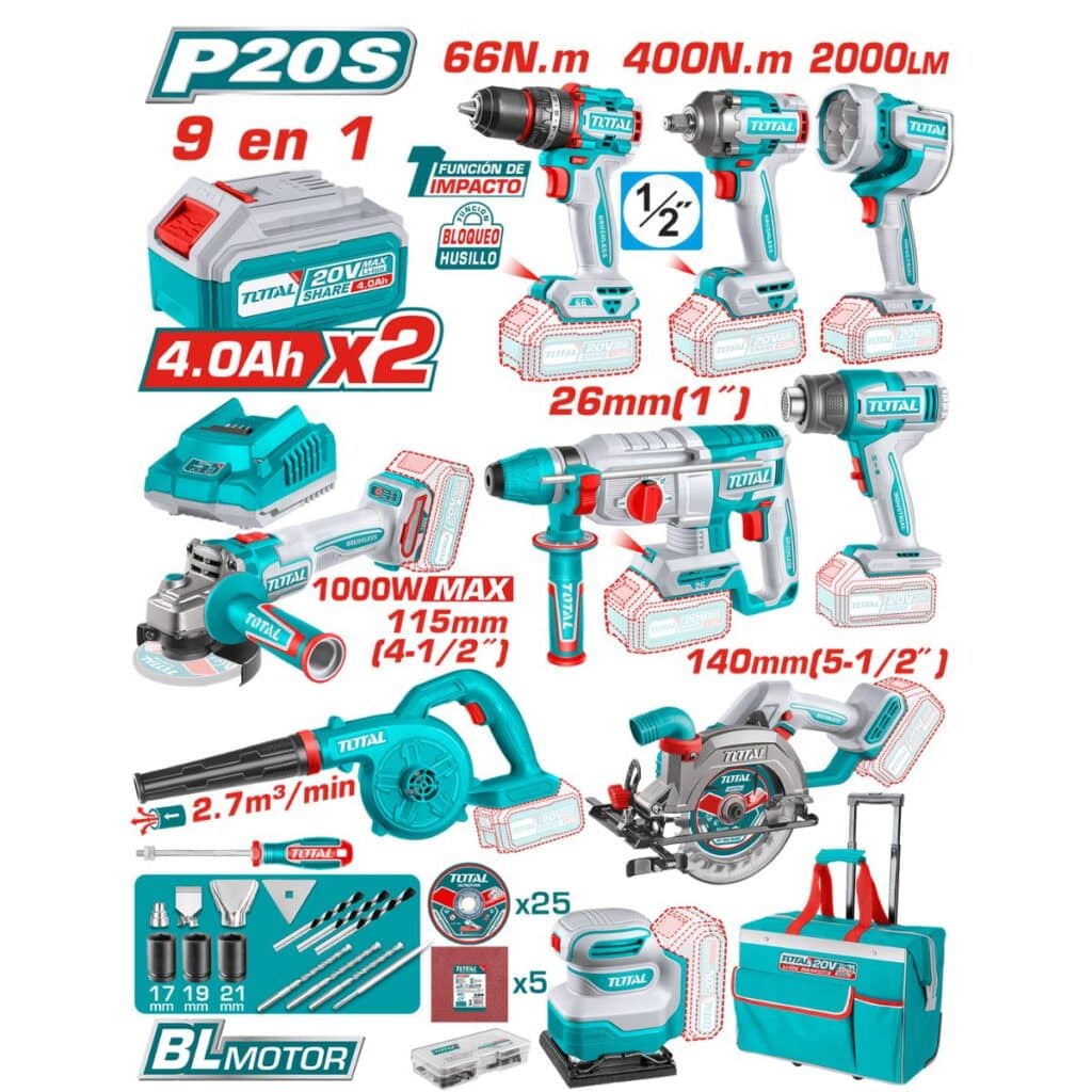 COMBO 9 EN 1 TALADRO + LLAVE DE IMPACTO + ROTOMARTILLO + AMOLADORA + LINTERNA + LIJADORA + PISTOLA DE CALOR + SOPLADORA + SIERRA BATERIA CARGADOR MALETIN Y ACCEDSORIOS TOTAL – TOSLI250381