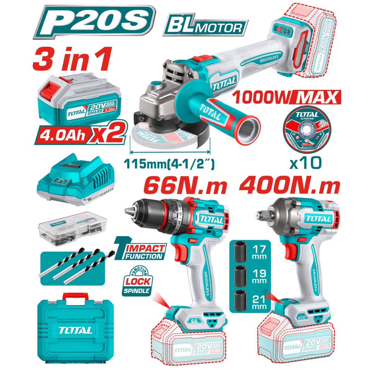 Kit Taladro Percutor 66nm + Esmeril Angular + Llave de Impacto Inalámbrico