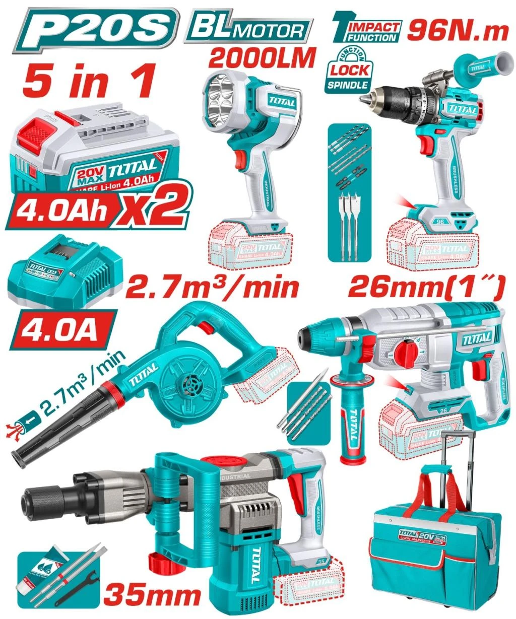 Kit Taladro+ Lampara+ Soplador+ Rotomartillo+ Demoledor