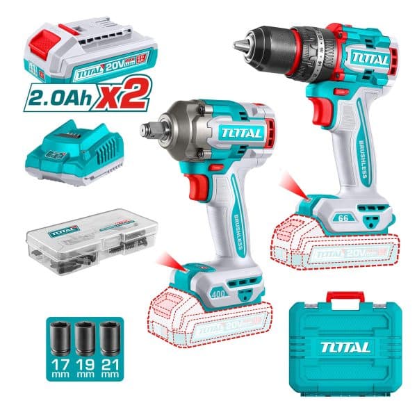 Kit Llave de Impacto 400 Nm y Taladro 13 mm 20V con 2 Baterías y Cargador Total