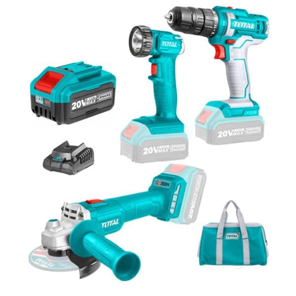 Kit Inalámbrico con Taladro, Esmeril y Lámpara 20V Total