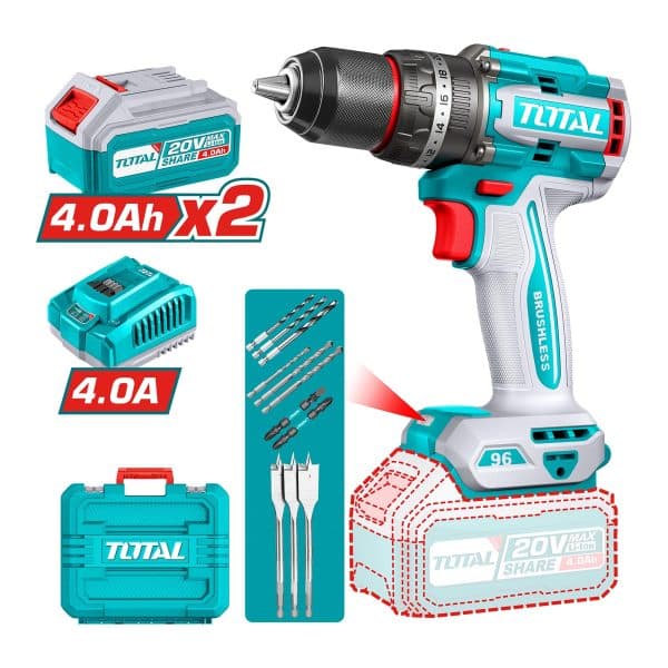 Taladro Atornillador Percutor 20V con 2 Baterías y Cargador Total