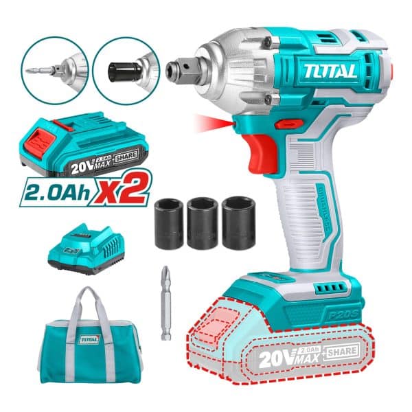 Taladro Pistola Llave de Impacto y Atornillador 20V con 2 Baterías Total
