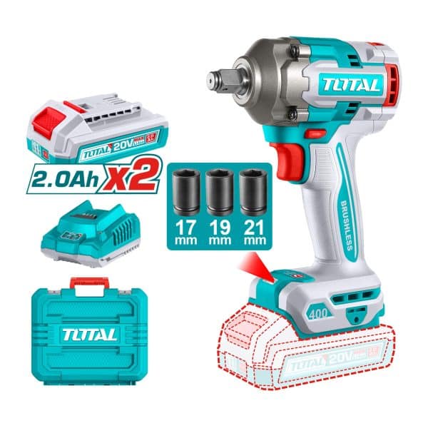 Llave Impacto Brushless 1/2″ 400 Nm con 2 Baterías 2Ah, 20V y Cargador Total