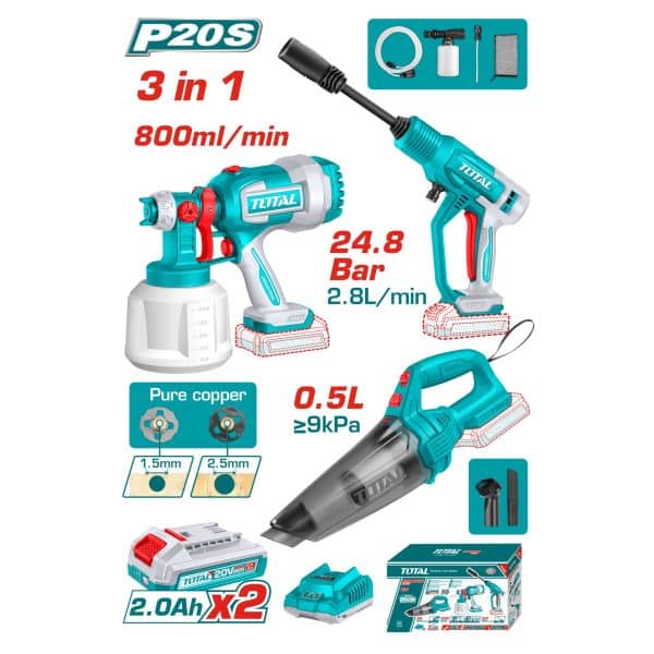 Kit 20V Pulverizadora Inalámbrico, Hidrolavadora y Aspiradora Manual, 2 Baterías y Cargador Total