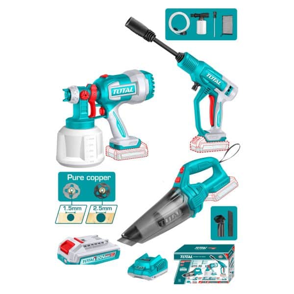 Kit 20V Pulverizadora Inalámbrico, Hidrolavadora y Aspiradora Manual, 2 Baterías y Cargador Total