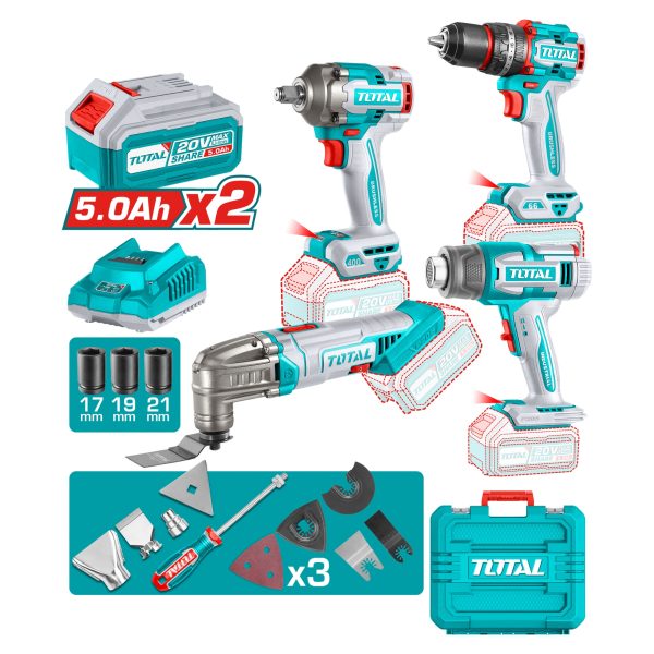 Kit Taladro, Llave de Impacto, Pistola de Calor y Multiherramienta Total
