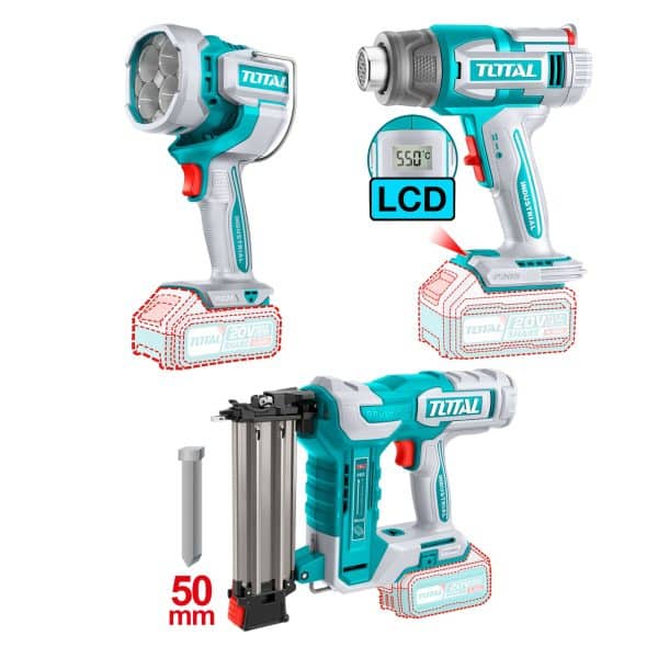 Kit Pistola Calor, Lámpara y Clavadora Inalámbrica 20V Total