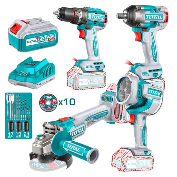 Kit 20V Inalámbrico Llave Impacto, Taladro Percutor, Amoladora y Foco LED, Baterías y Cargador Total