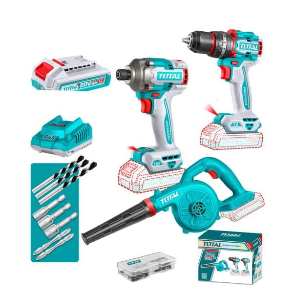 Kit 20V Inalámbrico Taladro Impacto, Atornillador Impacto, Soplador, Batería 2.0Ah y Cargador Total