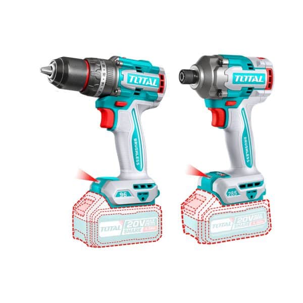 Kit 20V Inalámbrico Taladro Impacto, Atornillador Impacto, Soplador, Batería 2.0Ah y Cargador Total