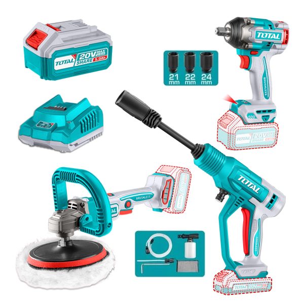 Kit 20V Inalámbrica Pistola Impacto ,Hidrolavadora y Pulidora, 2 Baterías y Cargador Total