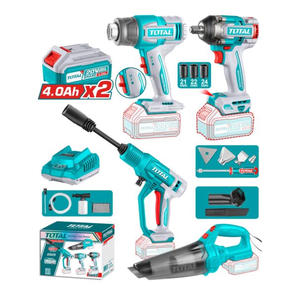 Kit Llave Impacto, Pistola de Calor, Hidrolavadora y Aspiradora 20V Total