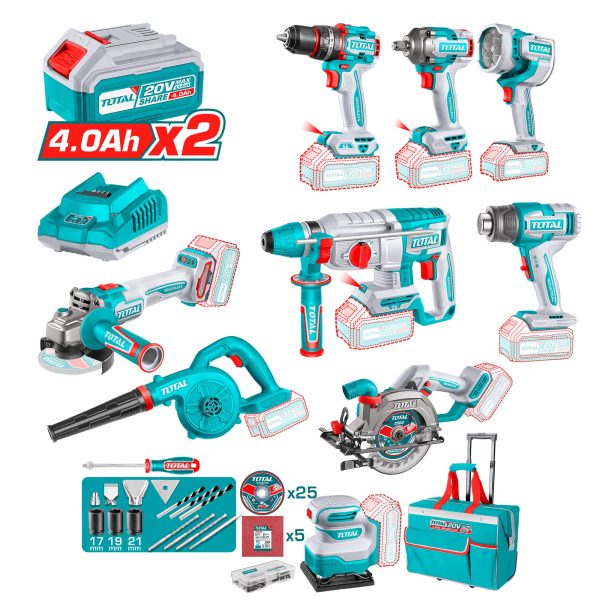 Kit Herramientas Inalámbricas 20V 9 Piezas, 2 Baterías y Cargador Total