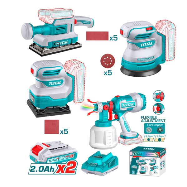 Kit de 3 Lijadoras y Pistola de Pintura Inalambrica 20V Total