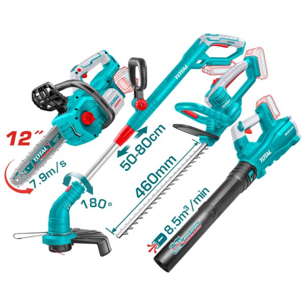 Kit Motosierra, Orilladora, Corta Seto y Sopladora Total