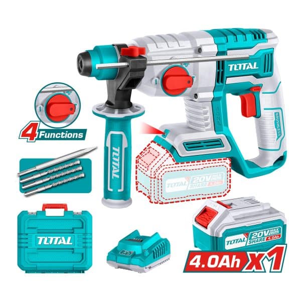 Rotomartillo Inalámbrico 20V SDS Plus con Cargador, Batería 4.0Ah y 4 Accesorios Total